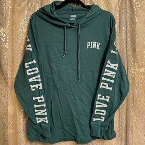 PINK Victorias Secret Hooded Dark Green Silver Glitter Logo‎ Shirt Medium